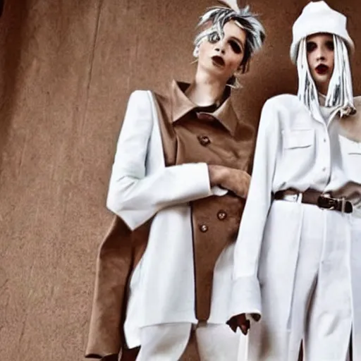 Image similar to kitsch fashion, androgynous people in white clothes, new age, vogue