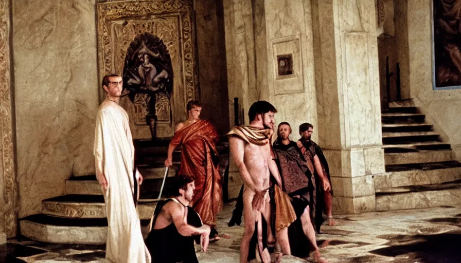 Image similar to movie still by tarkovsky of caligula stabbed to death by senators on huge stairs, cinestill 8 0 0 t 3 5 mm, high quality, heavy grain, high detail, dramatic light, ultra wide lens, anamorphic