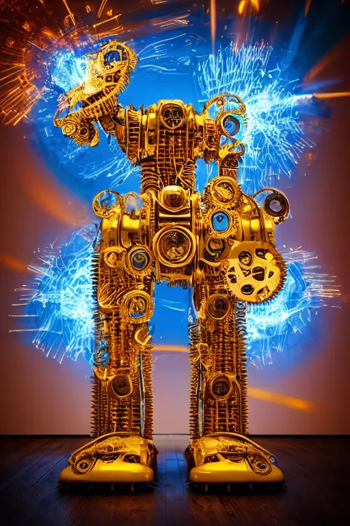 Image similar to portrait photo of a giant huge golden and blue metal steampunk robot with gears and tubes, robot is a vaccuumcleaner, on the wet floor are mop and bucket, eyes are glowing red lightbulbs, shiny crisp finish, 3 d render, 8 k, insaneley detailed, fluorescent colors, background is multicolored lasershow