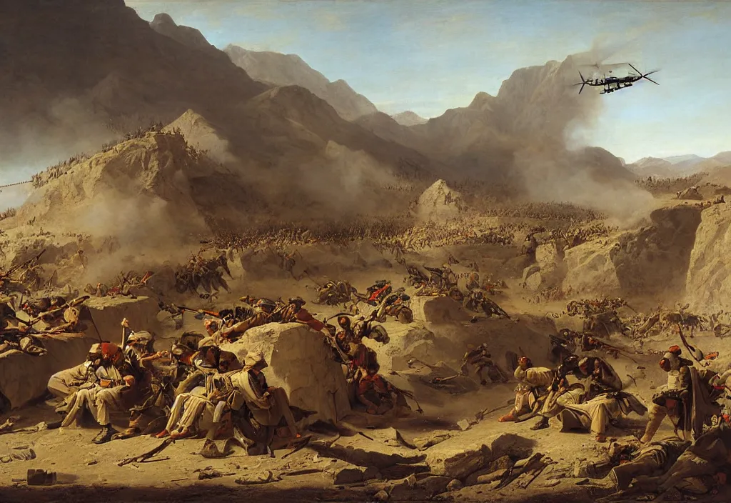 Prompt: afghanistan war by jacques - louis david, desert, us army, battlefield, helicopters firing, bombs