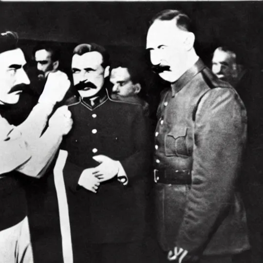 Image similar to stalin and hitler in a boxing ring fighting, in the background is a crowd of people in clown outfits watching.