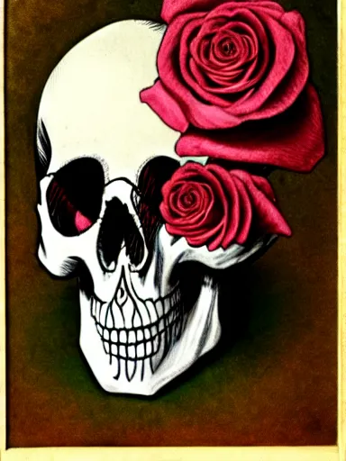 Image similar to still life of a skull, roses and a tarantula