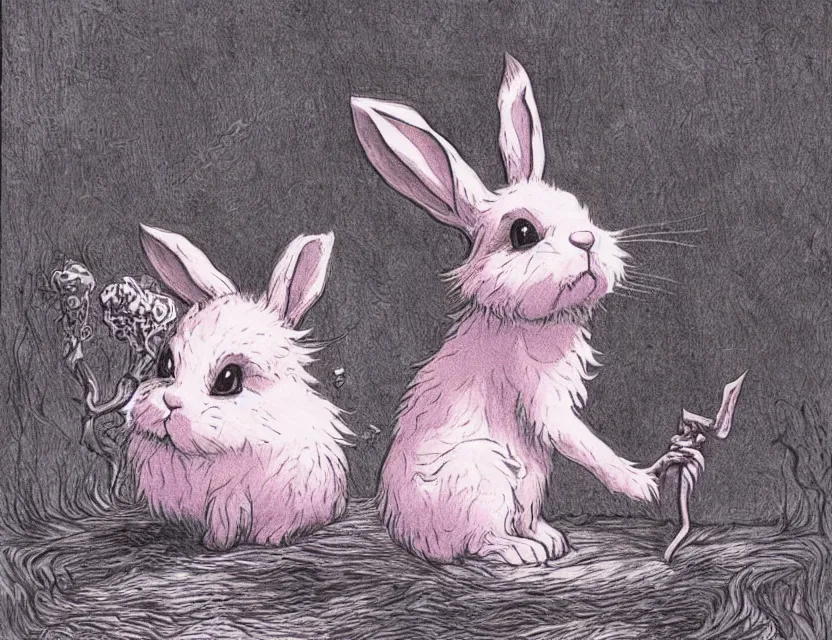 Prompt: old - school dark fantasy art, cute fluffy pink soul - eating bunny