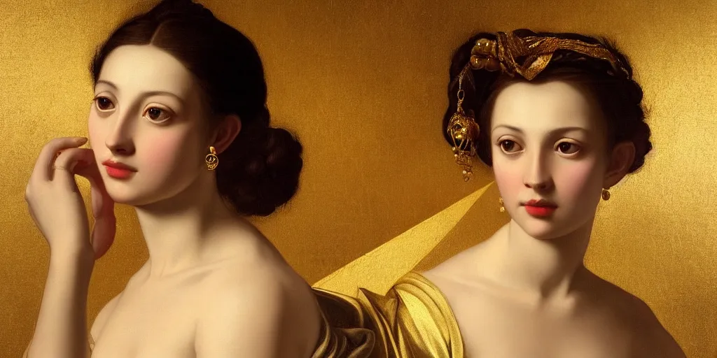 Prompt: beautiful oil matte painting, women with gold skin showered with diamonds, wonderful masterpiece highly detailed, beautiful cinematic light deep focus, elegant, digital painting, smooth, sharp focus, golden ratio, dramatic illumination, ultra realistic, 8 k, art by artemisia lomi gentileschi and caravaggio