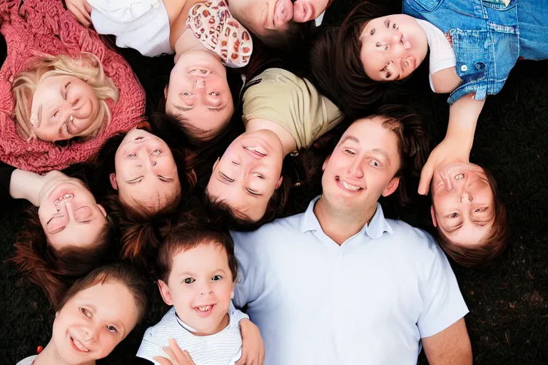 Image similar to A beautiful family portrait, but everyone's head is upside down or on backwards, photography, 85mm, photorealistic