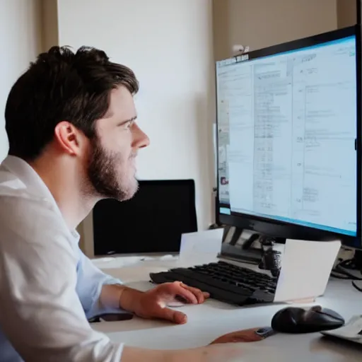 Prompt: man working very hard in an office, not just making dreams on his computer