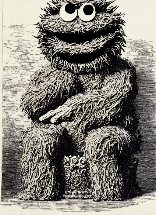 Image similar to cookie monster sits on a throne made of cookies, demon from the dictionarre infernal, etching by louis le breton, 1 8 6 9, 1 2 0 0 dpi scan, ultrasharp detail, clean scan