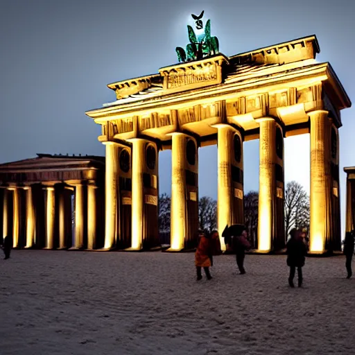 Prompt: the Brandenburg gate buried in sand, german winter morning, trending on artstation, 30mm, by Noah Bradley