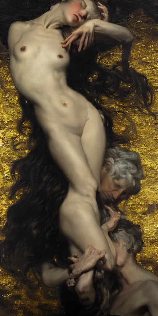 Image similar to highly detailed oil painting | very intricate | cinematic lighting | black, white and gold color scheme, dark background | the mist of the mistic by beethoven | by roberto ferri, by gustav moreau, by singer sargent and klimt, american romanticism, occult art | by austin osman spare, artstation, cgsociety, official art, octane