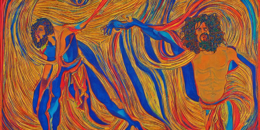 Image similar to an abstract spiritual background, a latino greek god dancing mindlessly, clear eyes. 2 4 mm, photorealistic, muted color scheme, directed by mati klarwein