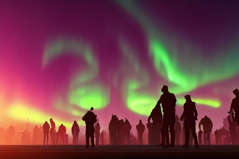 Image similar to a huge crowd at a convert, silhouette, digital art, aurora borealis, trending on artstation, 4k, unreal engine, intricate, ornate