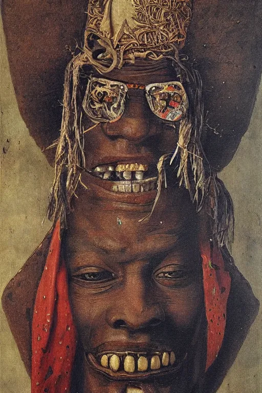 Image similar to portrait of baron samedi, oil painting by jan van eyck, northern renaissance art, oil on canvas, wet - on - wet technique, realistic, expressive emotions, intricate textures, illusionistic detail