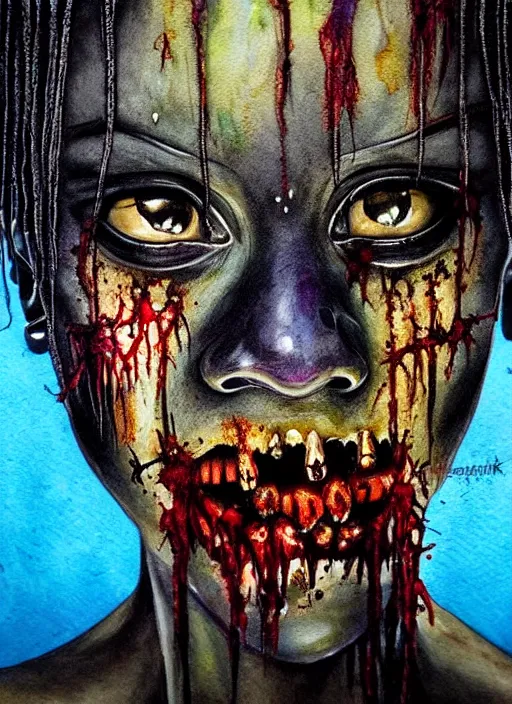 Image similar to african american zombie hollywood artwork professional acting headshot, hyperrealism, intricate detail, studio lighting, charming expression gesicht, hauntingly beautiful zombie, watercolor art, epic, legendary, drawn and painted, colored layers, dulled contrast, exquisite fine art, splatterpaint