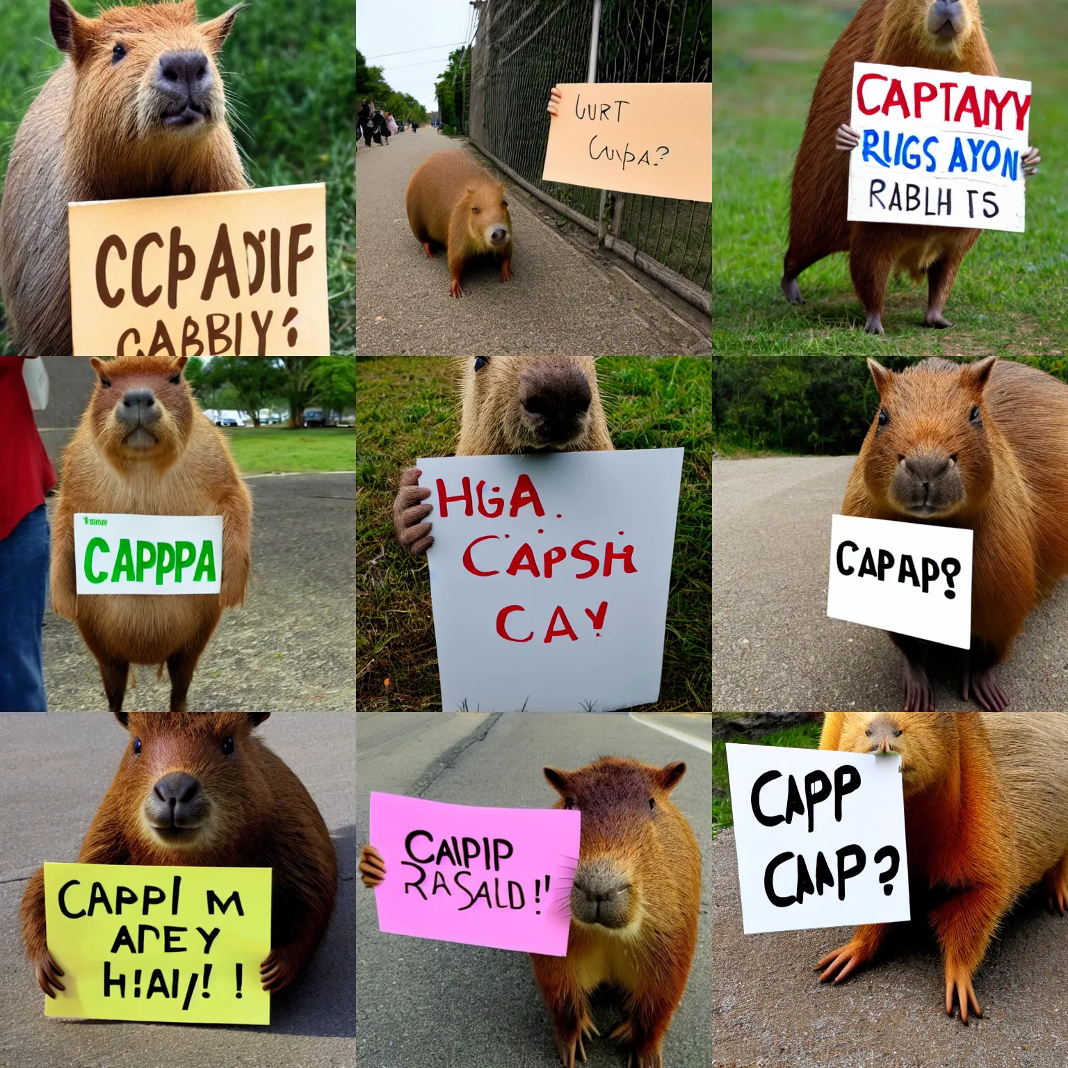 Prompt: realistic high quality photo of a capybara holding a sign with text that reads : capybara