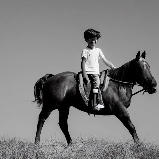 Prompt: photo of a boy riding a horse