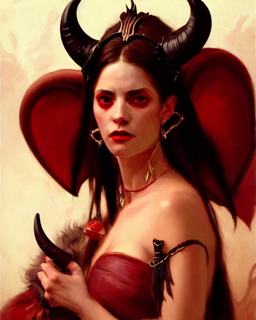 Image similar to painted close - up portrait of an attractive red - skinned intimidating demon girl with ram horns. oil painting, wearing a noblewoman's outfit, fantasy art by greg rutkowski and john singer sargent and gaston bussiere, demon noble character design