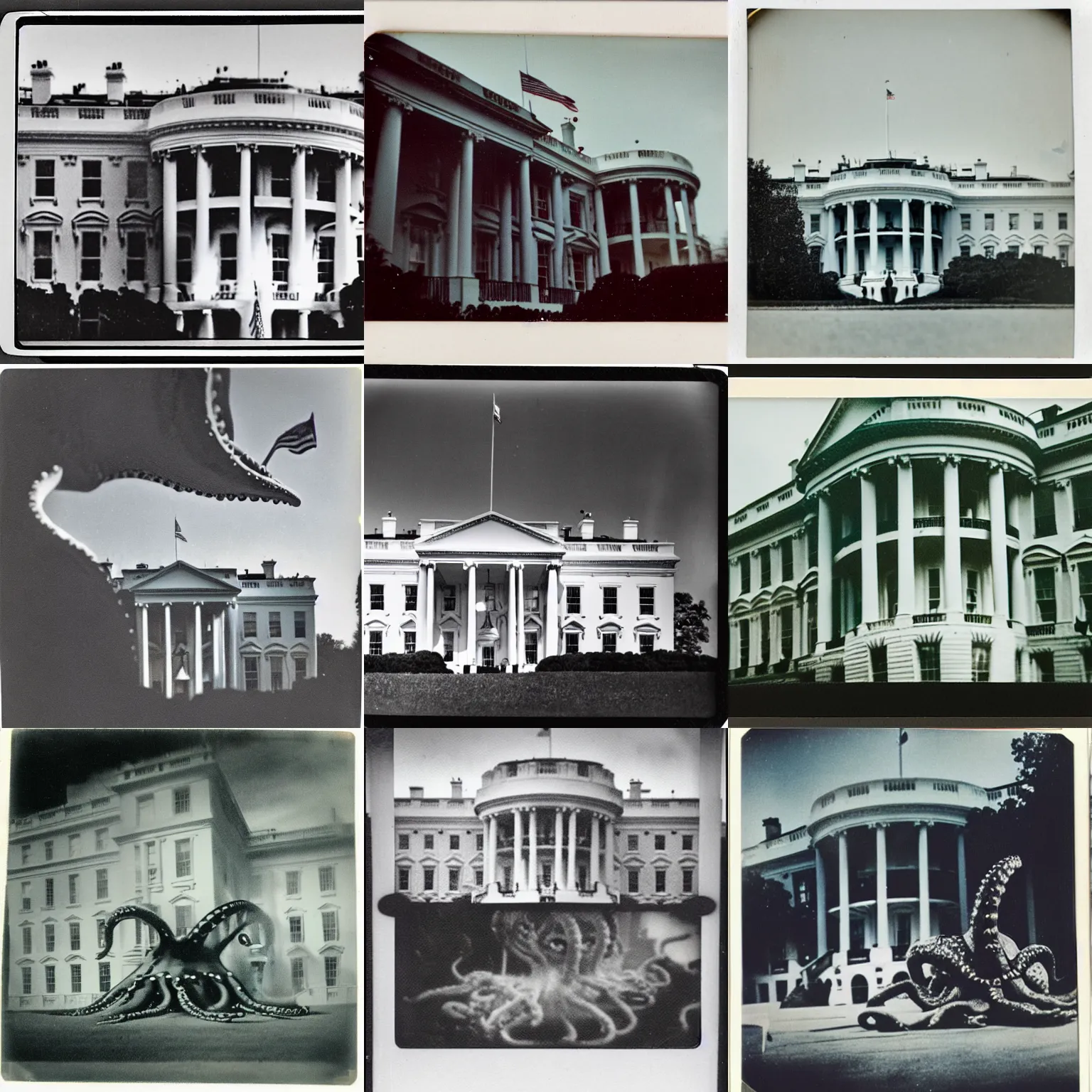 Prompt: old polaroid from 1 9 5 2 depicting a giant octopus creature attacking the white house, sunny day