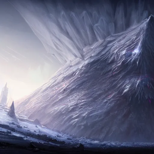 Image similar to digital painting of a frozen ice covered volcano, style of dark souls III, concept art, high angle, high detail, cold lighting, dark, vivid, beautiful, trending on artstation, by Jordan grimmer, no focus, huge scene, terrain visible