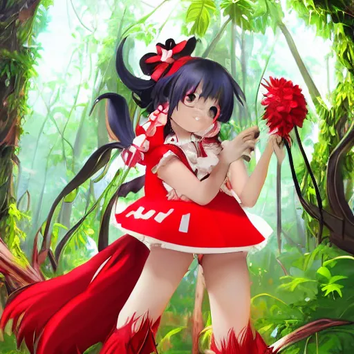 Image similar to a imaginefx pixiv artstation of reimu in the jungle wearing bonnet