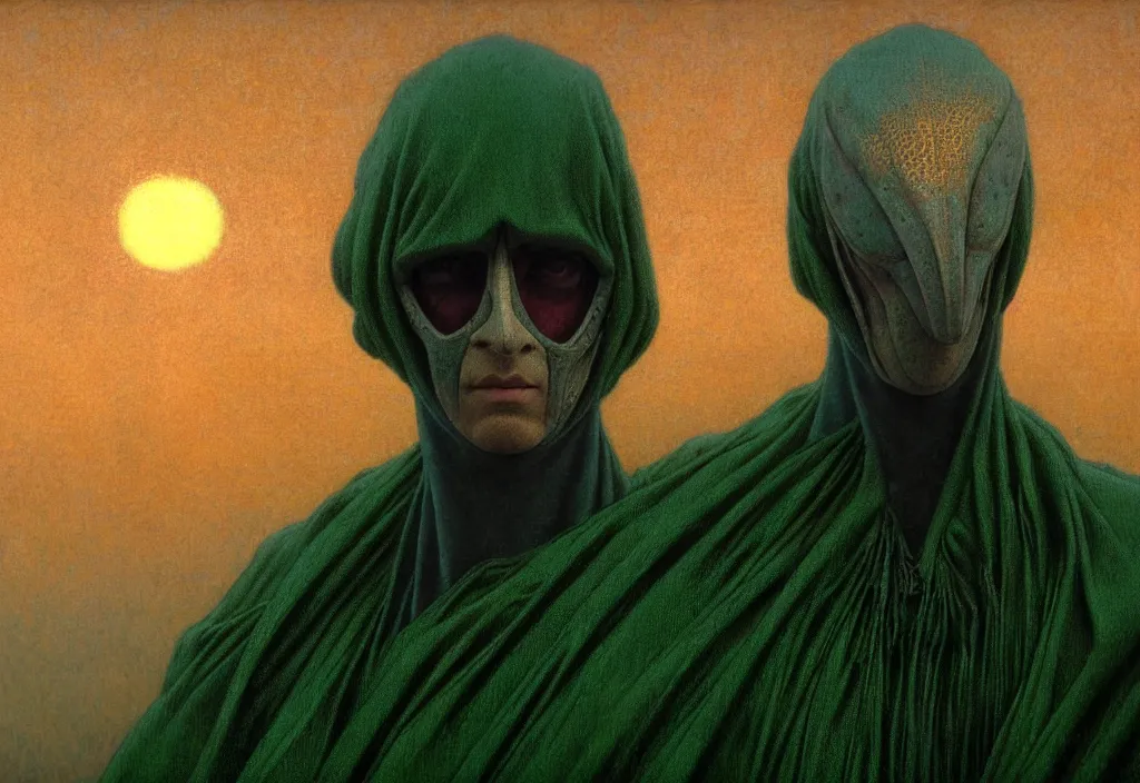 Image similar to realistic detailed portrait movie shot closeup of a! birdman! wearing dark green ragged robes, futuristic city sunrise landscape background by denis villeneuve, jean delville, yves tanguy, alphonse mucha, ernst haeckel, max ernst, roger dean, rich moody colours, cinematic