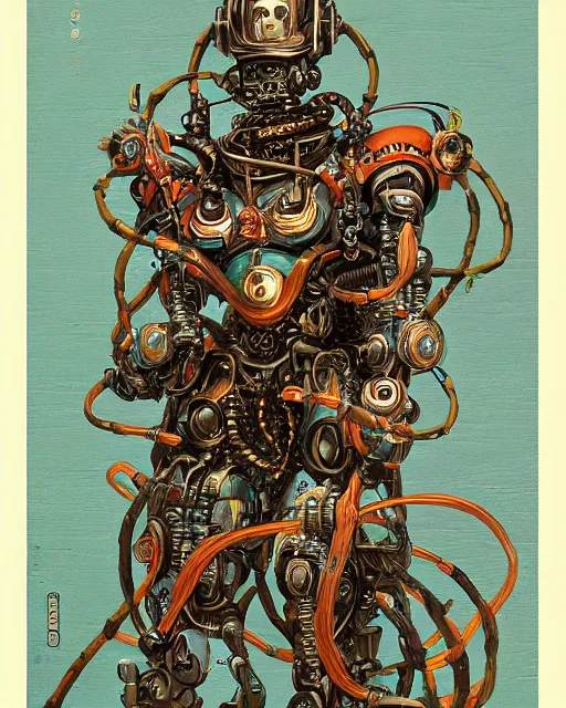 Prompt: Kuniyoshi portrait of a robot saint made of cables and robotic pod in the style of peter mohrbacher