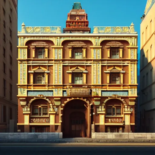 Prompt: wes anderson building facade highly detailed, photo, artstation, 3 d render, sharp focus, art by tokiolab and alphonse mucha, 8 k, ultra realistic, lens flare, glow, soft lighting, hyperrealistic, unreal engine