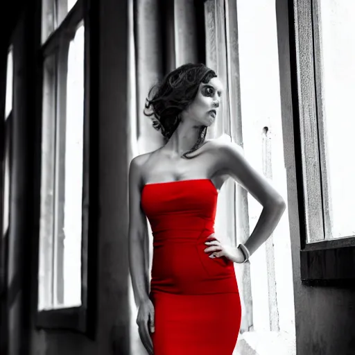 Prompt: beautiful woman in coffee dress, grayscale phtoto with red dress, high resolution, 8k resolution, highly detailed, attention to details, realism, photo-realism, photo by Anton Corbjin, 35mm