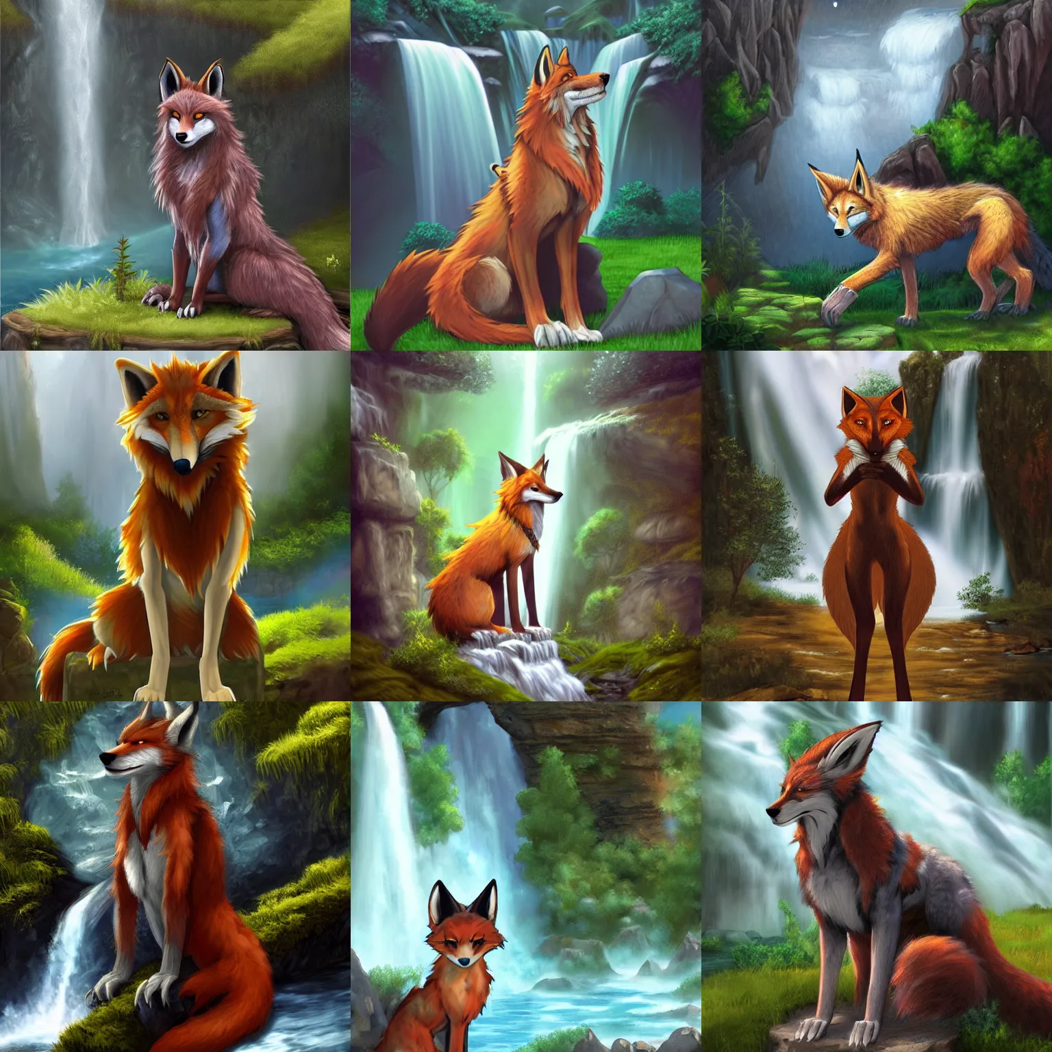 Prompt: fantasy furry art of a noble anthro!!!! werefox fursona!!!! standing up in front of a waterfall, photorealistic, award winning, FurAffinity