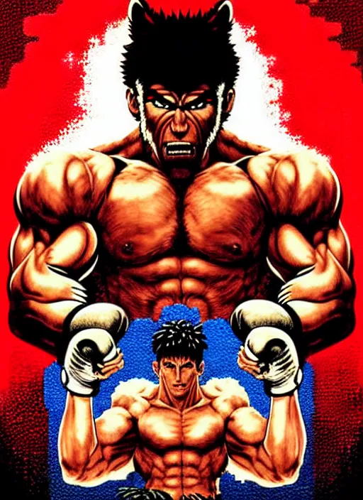 Image similar to extreme long shot. 8 bit nes graphics. antropomorphic muscular masculine wolf. kickboxer fighter, in shorts. wolf head. fine details, very sharp, art from nes game cartridge, 8 0's, vhs artefacts, vaporwave style, marc simonetti and hermann nitsch. streetfighter, kung fury movie