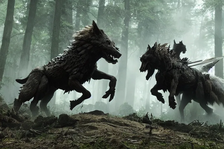 Image similar to vfx movie closeup detailed ancient armored warrior orc hunting riding large wolf in the forest, natural lighting by emmanuel lubezki