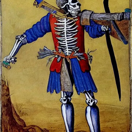 Prompt: skeleton in a colourful landsknechts uniform, wielding a sword, rennaissance painting