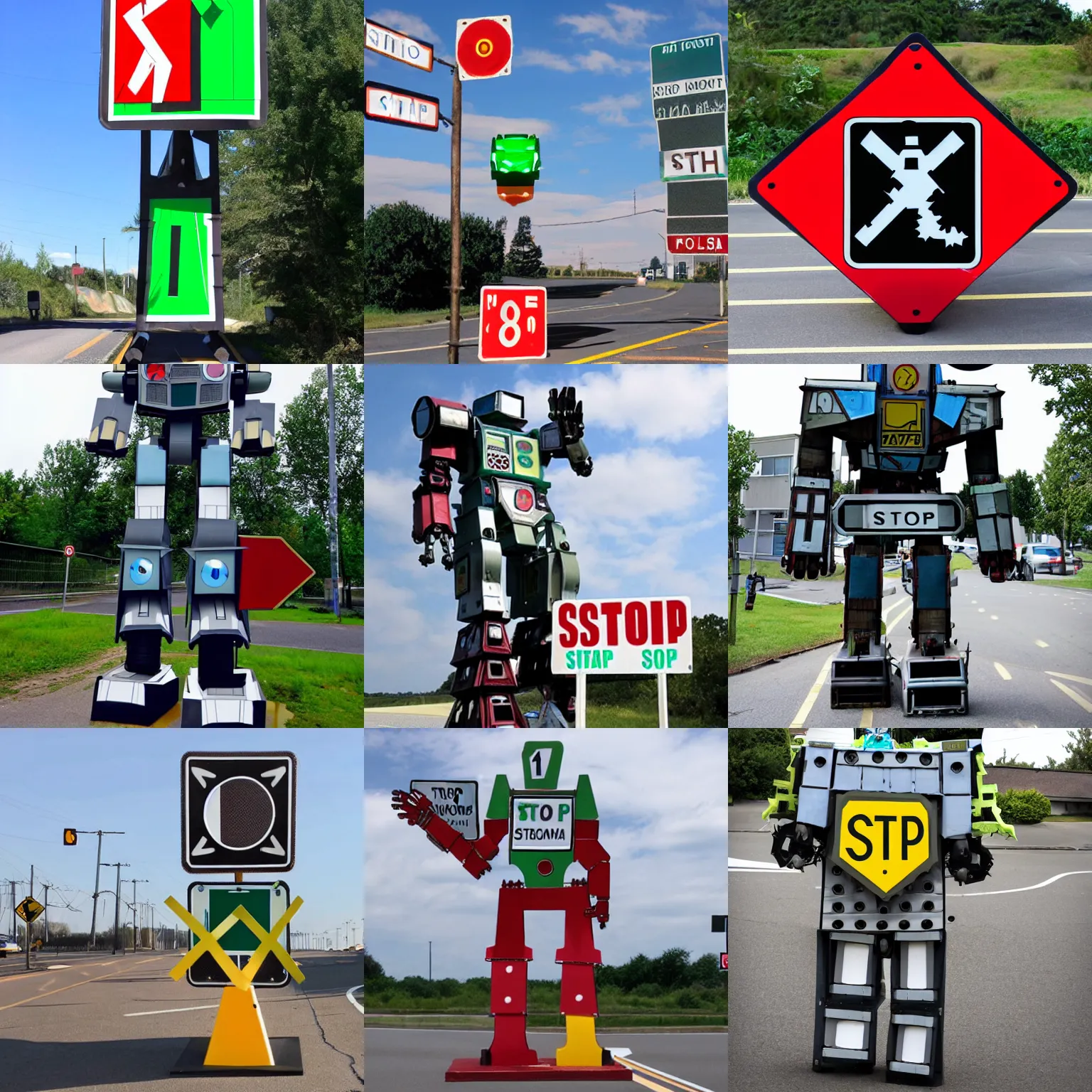 Prompt: giant mecha made of road signs with a stop sign head