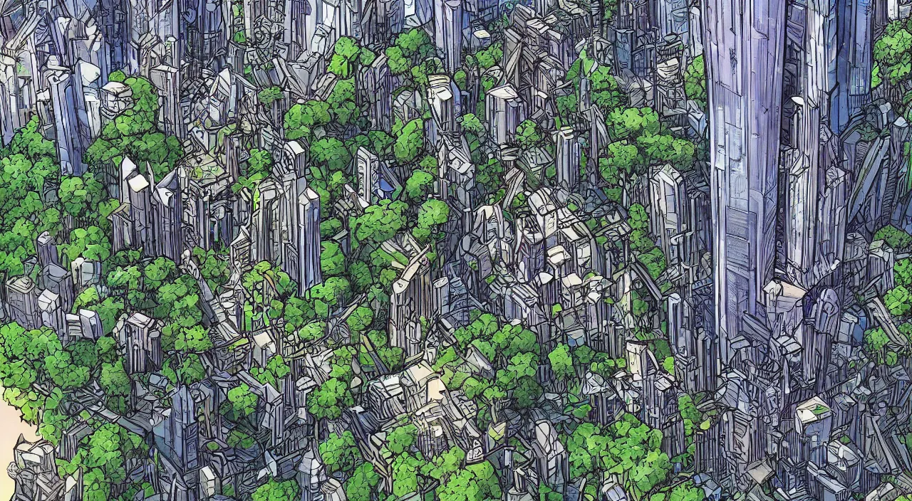 Prompt: wood fortress greeble block amazon jungle accadamy of tower cristal a spectacular view cinematic comic book illustration, by john kirby