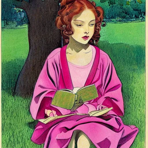 Image similar to beautiful little girl with long curly red hair dressed in a pink kimono and sitting next to a tree while reading a book, artwork made in western comic art style, inspired in balthus, anatomically correct, higher details, realistic