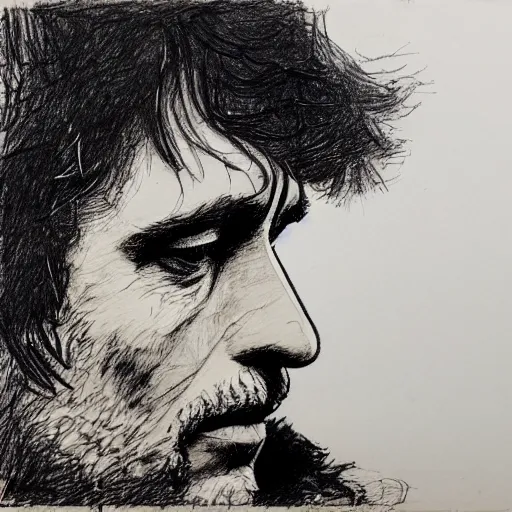 Image similar to a realistic yet scraggly portrait sketch of the side profile of a stern and sophisticated bob dylan, trending on artstation, intricate details, in the style of frank auerbach, in the style of sergio aragones, in the style of martin ansin, in the style of david aja, in the style of mattias adolfsson