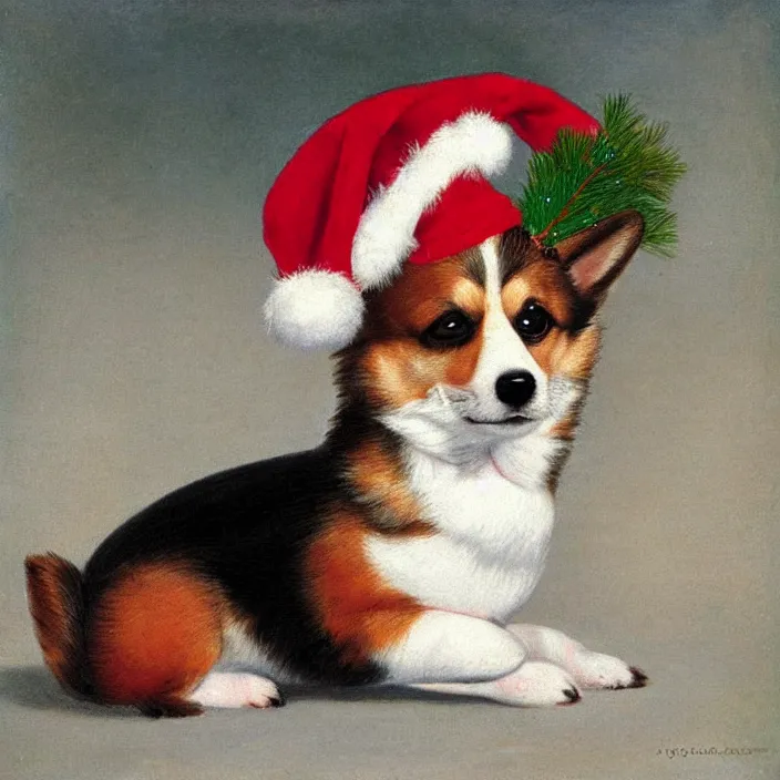 Prompt: cute corgi puppy dog wearing a christmas hat art by jacques lauret agasse