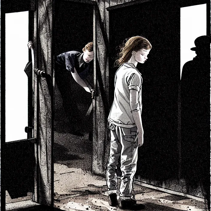 Image similar to sadie sink in dirty workmen clothes waves goodbye to workmen. near a gate. background : factory, dirty, polluted. technique : black and white pencil and ink. by gabriel hardman, joe alves, chris bonura. cinematic atmosphere, detailed and intricate, perfect anatomy