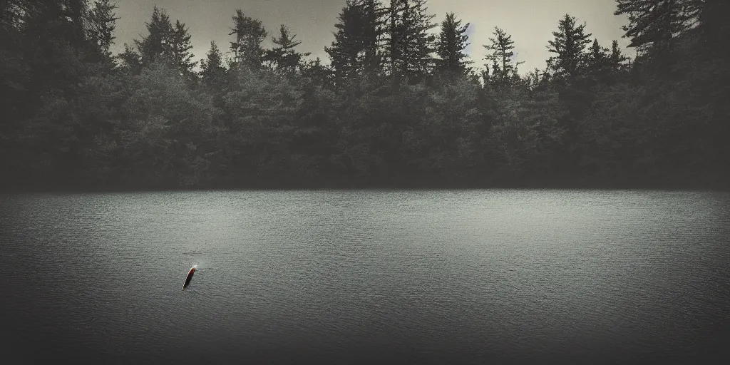 Image similar to centered photograph of a long rope zig zagging across the surface of the water, floating submerged rope stretching out towards the center of the lake, a dark lake on a cloudy day, color film, trees in the background, hyperedetailed photo, moody volumetric, anamorphic lens