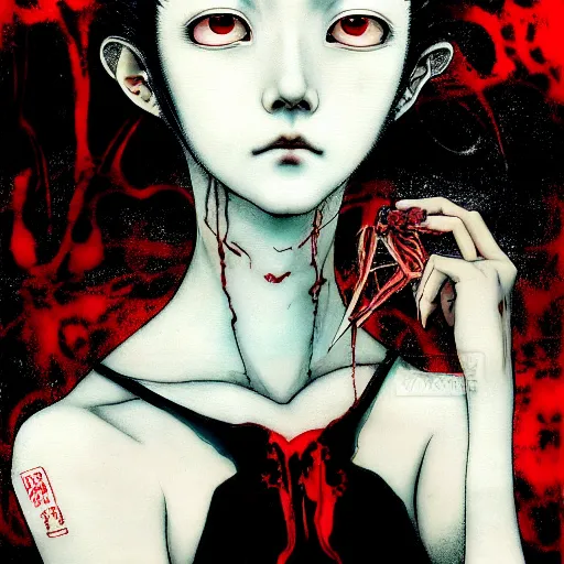 Image similar to yoshitaka amano blurred and dreamy realistic three quarter angle horror portrait of a sinister young woman with short hair, horns and red eyes wearing office suit with tie, junji ito abstract patterns in the background, satoshi kon anime, noisy film grain effect, highly detailed, renaissance oil painting, weird portrait angle, blurred lost edges