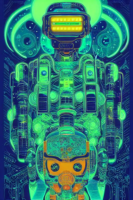 Image similar to ortographic view of Bioluminescent flourescent portrait of mecha, very intricate , by Jen Bartel and Moebius and Dan Mumford and Satoshi Kon, gouache illustration, vivid colors