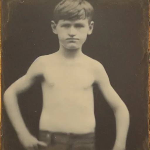 Image similar to tintype photo, boy with arms for legs