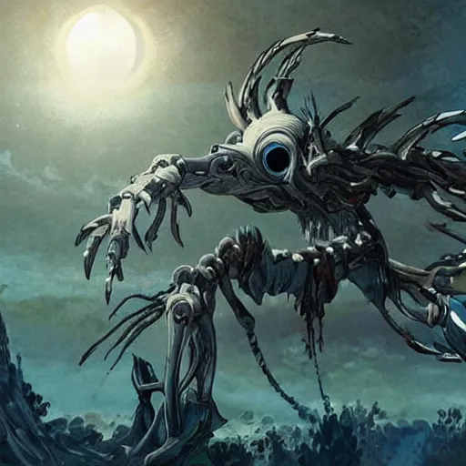 Image similar to sci - fi anime exoskeleton creature fighting the ancient tree god on a vast desert island, cinematic, high fantasy, maximalist, epic