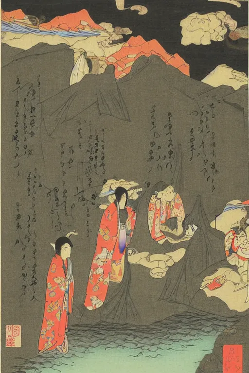 Image similar to the painting'hatsuhana doing penance under the tonosawa waterfall'by utagawa kuniyoshi turned into a 3 d model