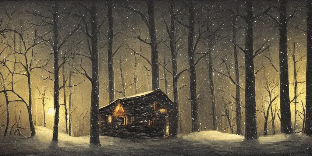 Image similar to snowy forest night scene in a single wooden cabin surrounded by the woods with one illuminated window, horror dark contrast, oil painting