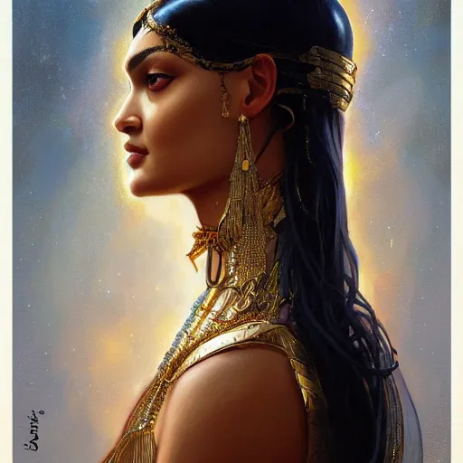 Image similar to Shanina Shaik as Cleopatra, intricate, elegant, highly detailed, digital painting, artstation, concept art, smooth, sharp focus, illustration, art by artgerm and greg rutkowski and alphonse mucha