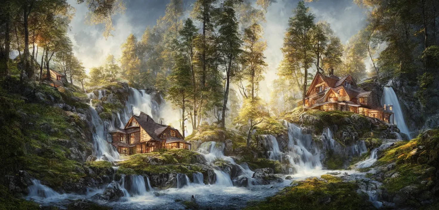 Prompt: beautiful large scandinavian house in the forest on a hill, a large waterfall flows down from the mountain in the background, vwctor art, fabulous, hyper detailed, random cinematic view, no noise, global illumination, warm lighting, volumetric, godrays, vivid, by jordan grimmer