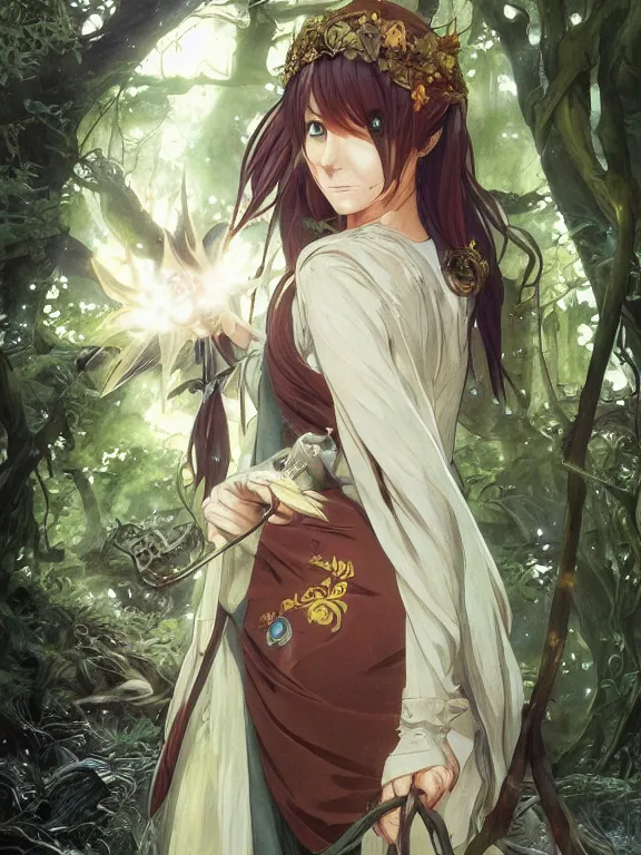 Image similar to anime key visual of writer jk rowling the enchantress with her back to the camera wears harry potter wizard clothes!! intricate, magical forest, stunning, highly detailed, digital painting, artstation, smooth, hard focus, illustration, art by artgerm and greg rutkowski and alphonse mucha