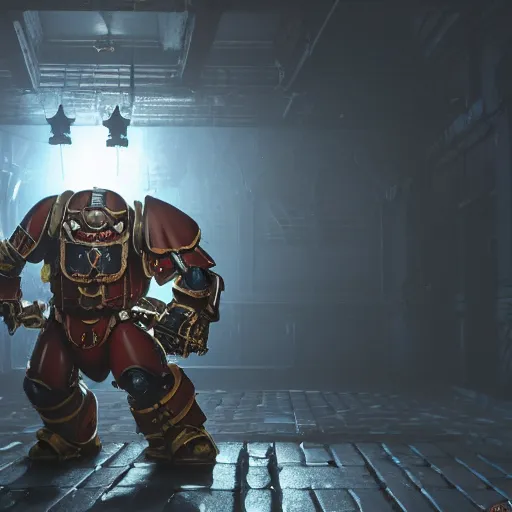 Image similar to very sad crying guardsman in a space hulk from warhammer 4 0 k darktide : : octane render, unreal engine 5, cinematic lighting