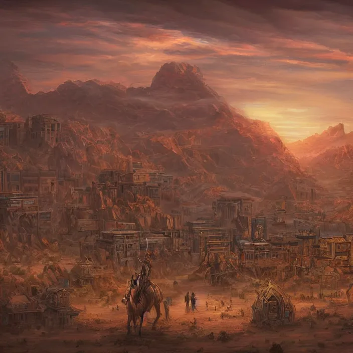 Image similar to large densely packed bustling old western style city in the middle of a sandy flat desert with a single mountain on the very distant horizon. magic the gathering art, digital media
