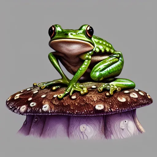 Image similar to a frog sitting on a mushroom, intricate, highly detailed, digital painting, artstation, concept art, smooth, sharp focus, illustration, unreal engine 5, 8 k, art by artgerm and greg rutkowski and alphonse mucha